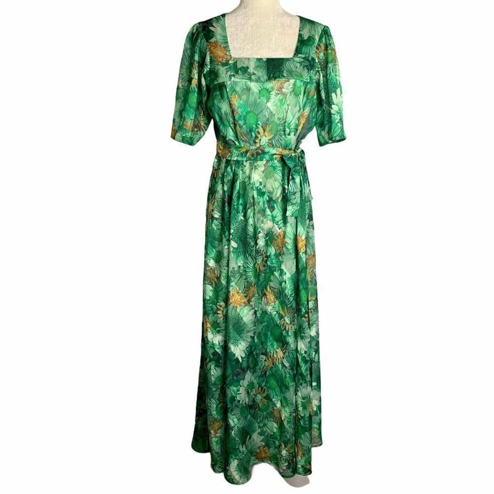 Vintage Floral Maxi Dress M Green Square Neck